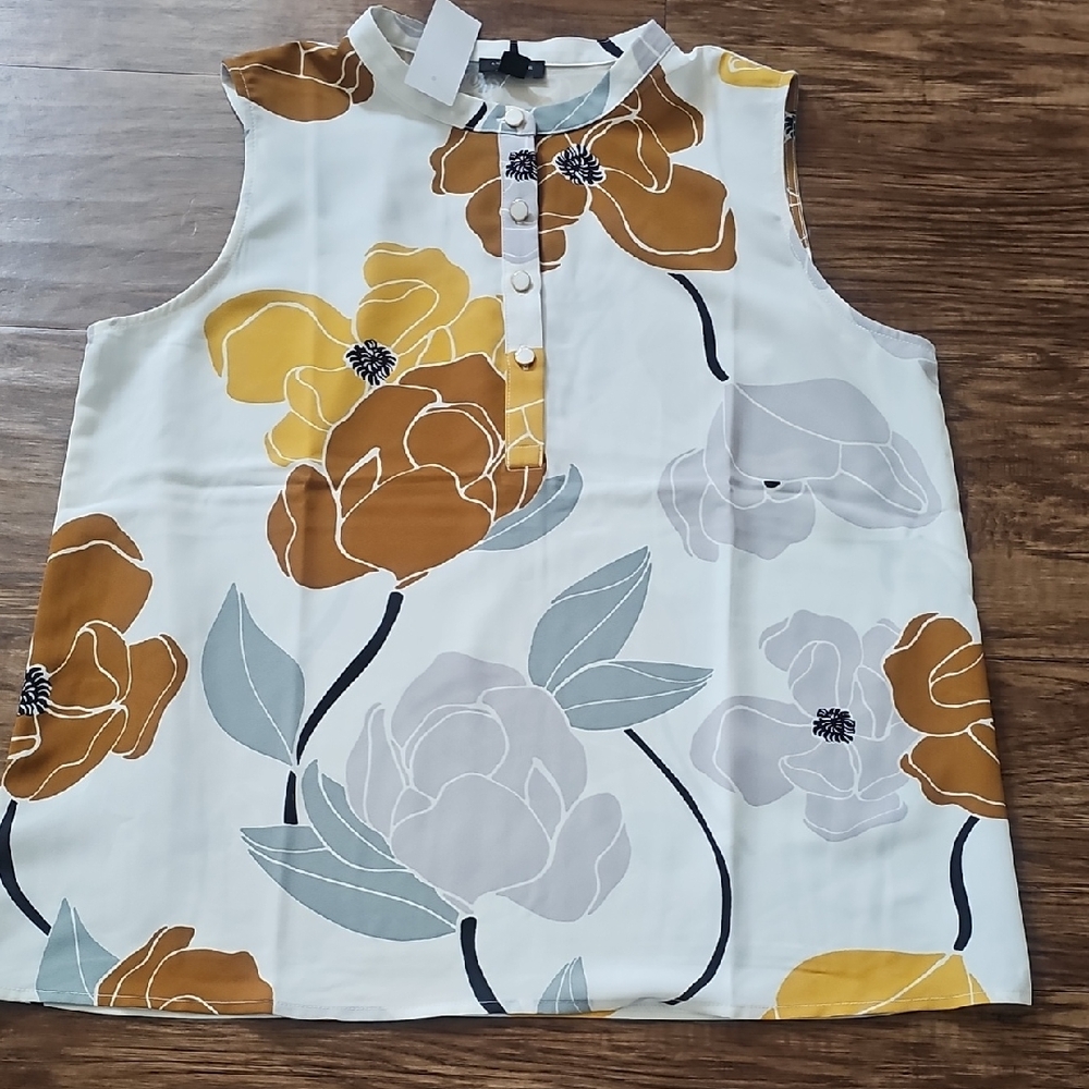 Ann Taylor Factory Floral Sleeveless Blouse - Mustard and Gray